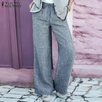 

Fashion ZANZEA Women Striped Pants Elegant High Waist Wide Leg Trousers Casual Work OL Long Pants Femme Cotton Flare Pantalon