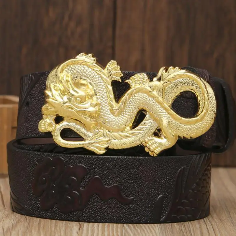 

Classic Chinese Style Dragon Carved Belt Designer Belt For Men Faucet Personality Domineering Cowboy Pure Cowhide Black Belt