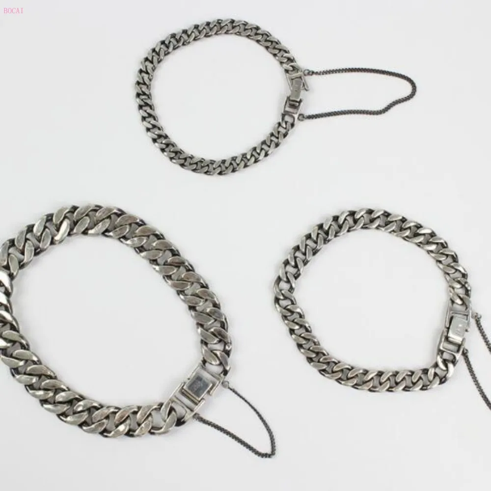 Стиль тайские серебряные ювелирные изделия S925 чистого серебра моды личности сделать старый ретро часы кнопка ручной браслет цепочка