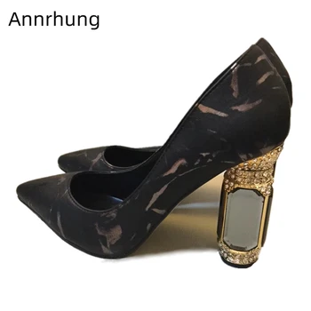

Crystal Jeweled Heel Pumps Women Novelty Print Shoes Woman Concise Pointed Toe Square High Heels Shallow Dress Shoes