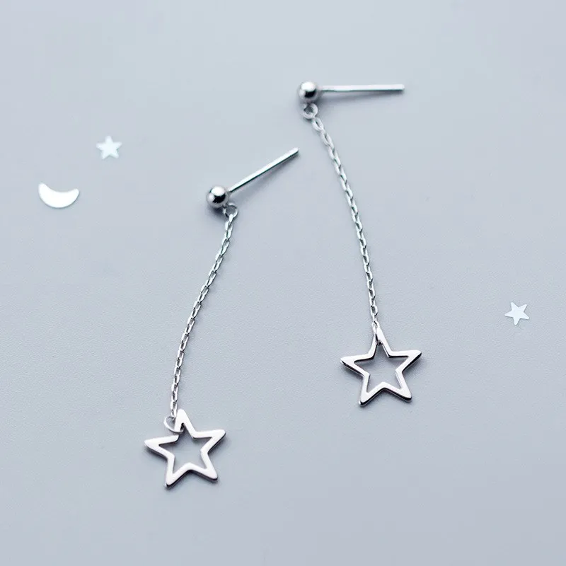 100% 925 Sterling Silver Delicate Star Pendant Earings Long Chain Hanging Ear Dangle Drop Earrings for Women | Украшения и