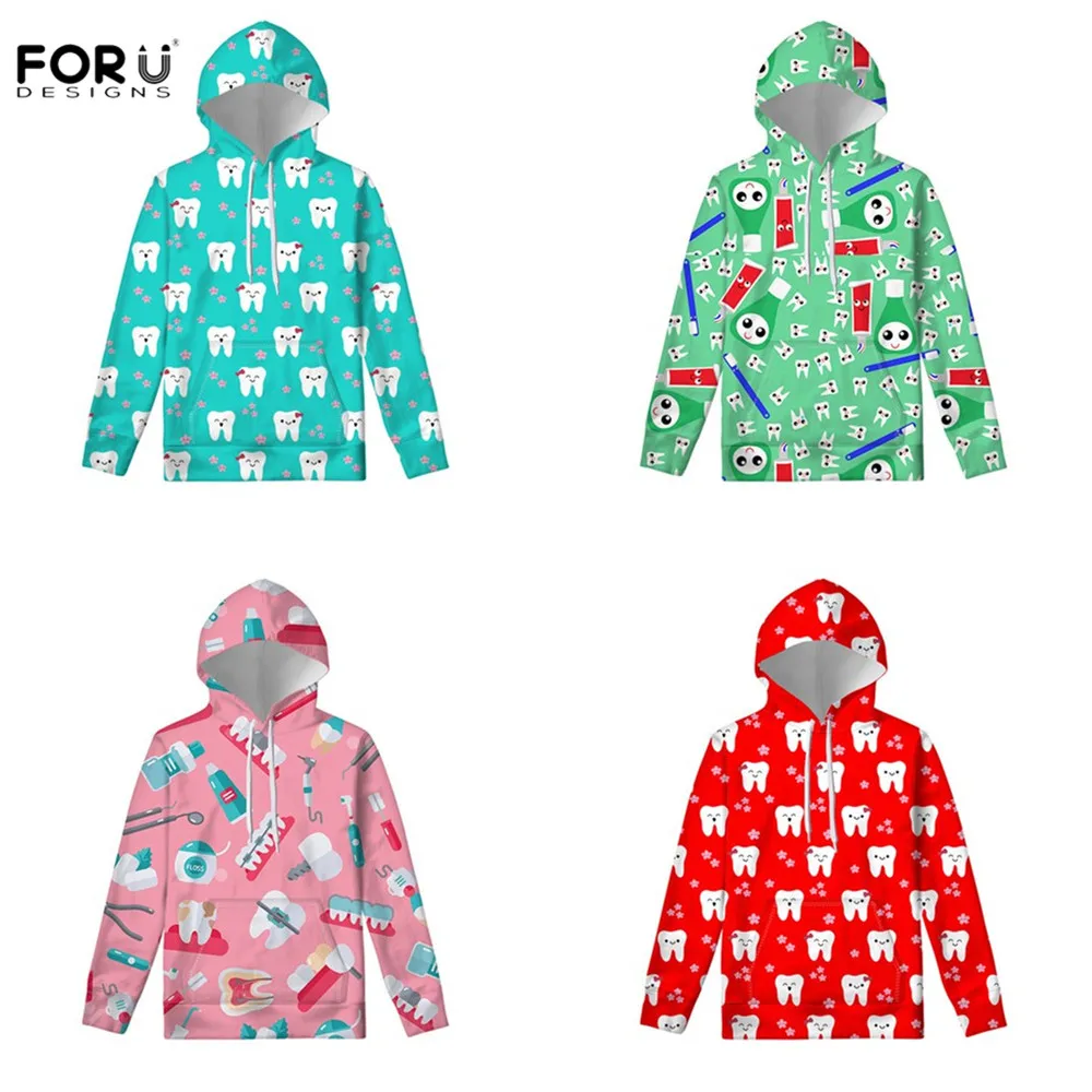 

FORUDESIGNS Women Hoodies Casual Long Sleeve Kawaii Dentist Teeth Toothbrush Pattern Keep Warm Clothing Harajuku Sweatshirts