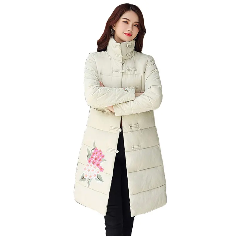 

Stand Collar Buckle Embroidery Bakery Winter Down Coat Women Oversize Jacket Cotton Padded Wadded Parkas