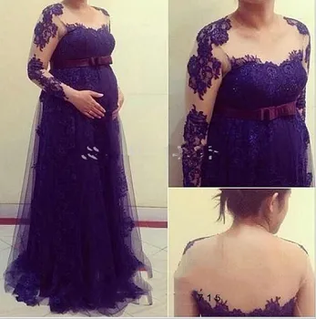 

Plus Size Lace bride Discount Purple Tulle Appliqued Long Sleeve Evening gown for pregnant women mother of the bride dresses