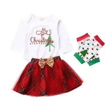 Комплекты одежды для новорожденных девочек от 0 до 18 месяцев одежда с цветочным рисунком Рождественский комбинезон, топ+ кружевная юбка-пачка+ комплект чулок