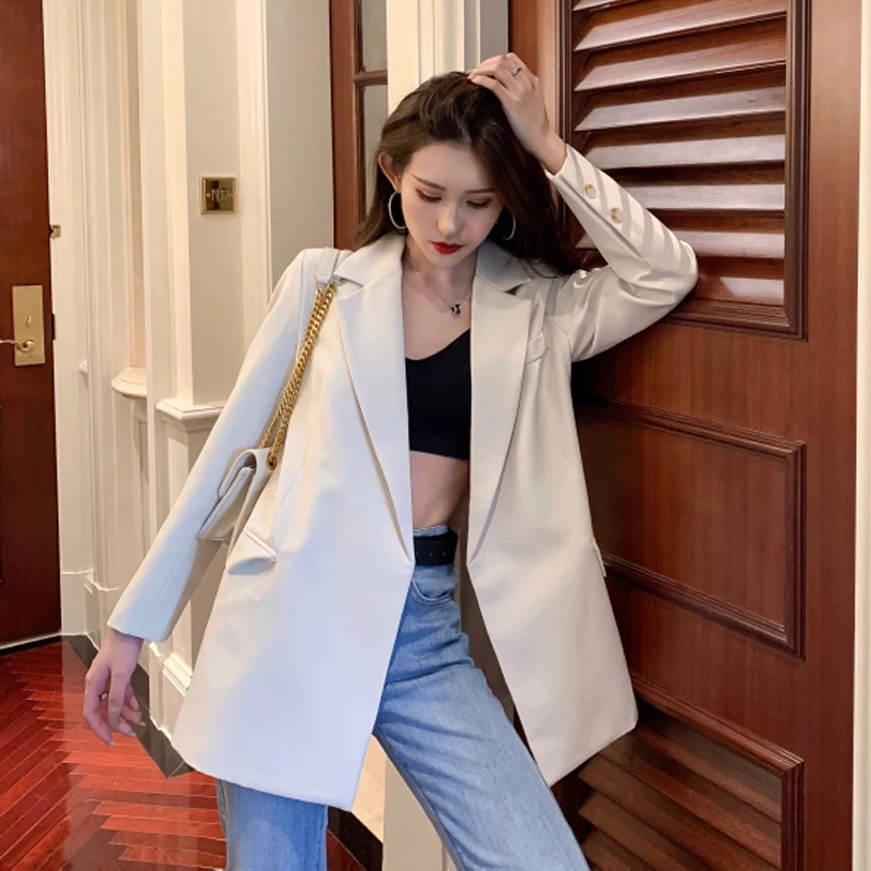 

2020 New Style White Blazer Women's Loose Spring Drape Mid-Length Small Suit Jacket Ins Fashion Women Blazers and Jackets