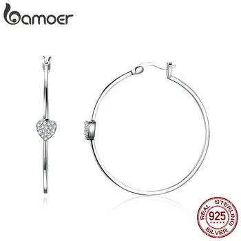 BAMOER Authentic 925 Sterling Silver Big Circle Love Heart Shape Clear CZ Drop Earrings for Women Wedding Silver Jewelry SCE518