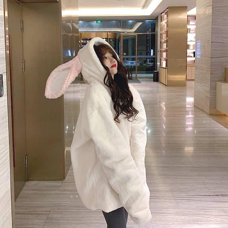 trendy hoodies for women Gothic Harajuku Couple Hoodies Cute Rabbit Ears Black Hooded Outwear Women 2022Sweet Loose Warm Plush Coats Autumn Winter Jacket sweatshirts for girls