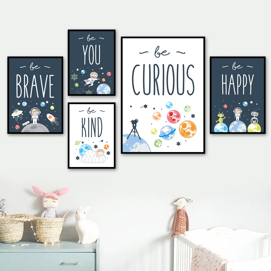 Мультфильм космонавты и ракеты цитаты Wall Art Холст Картина Nordic Плакаты принты
