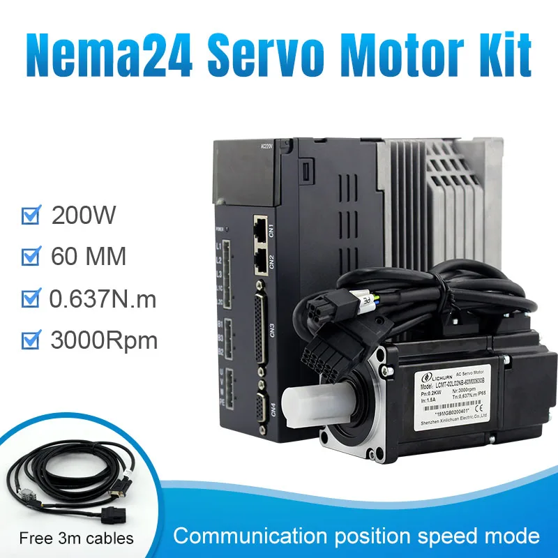 

Nema24 60mm frame 200w 0.637n.m 60ST-0630 3000rpm with cables ac servo motor and drive kit