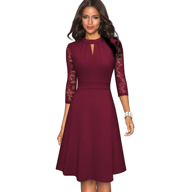 Nice-forever Autumn Solid Color with Hollow Out Lace Patchwork Retro Dresses Business Party Flare Swing Women Dress A234 5
