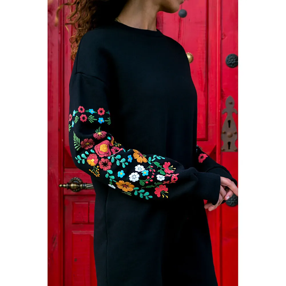 Женское осенне-зимнее платье повседневное с длинным рукавом Цветочная вышивка свитер пуловер платье женская одежда d