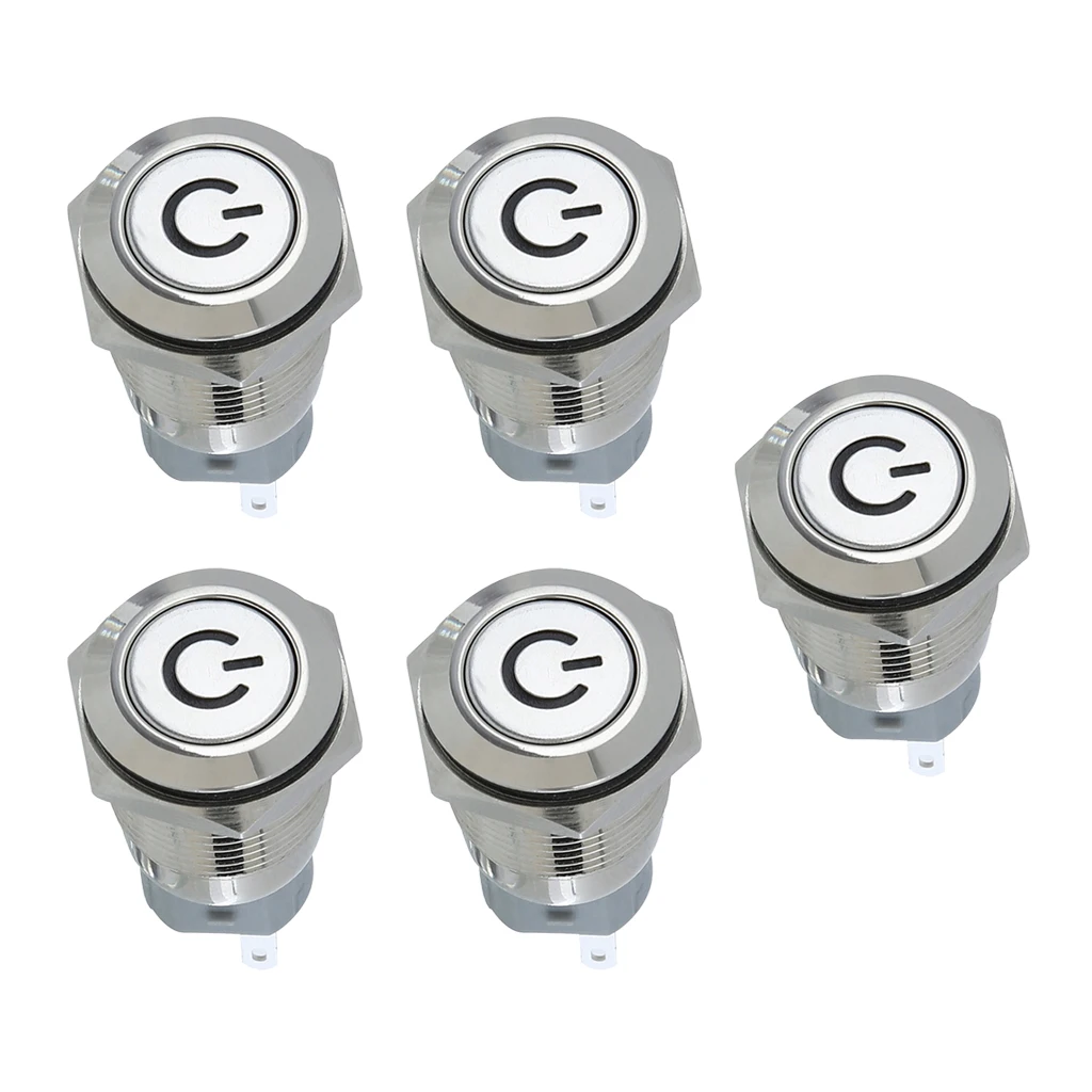 5x Latching Push Button Switch Aluminium Alloy Stainless Steel Shell for 16mm with 12V Red LED Light