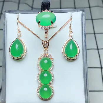 

Wholesale Natural Ice Chalcedony Green Bean Pendant Ring Earrings Three-Piece Set S925 Silver Inlaid Carnelian Female Jade Jewel