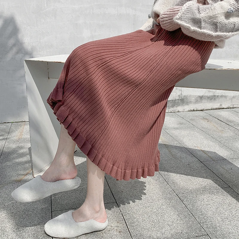 Lucyever/осенне-зимняя женская трикотажная длинная юбка, модная плиссированная юбка с высокой талией и оборками, элегантная Корейская однотонная женская юбка - Цвет: Brick red