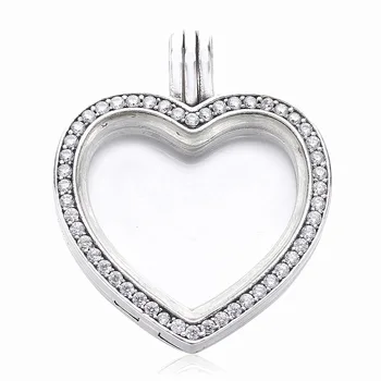 

925 Sterling Silver Bead Charm Medium Lockets Sparkling Heart Floating Crystal Necklace Pendant Fit Bracelet Diy Jewelry