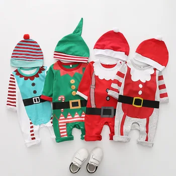 

Autumn and winter fashion baby Christmas costume climbing romper stitching color cotton romper hat Siamese clothing sleeve baby