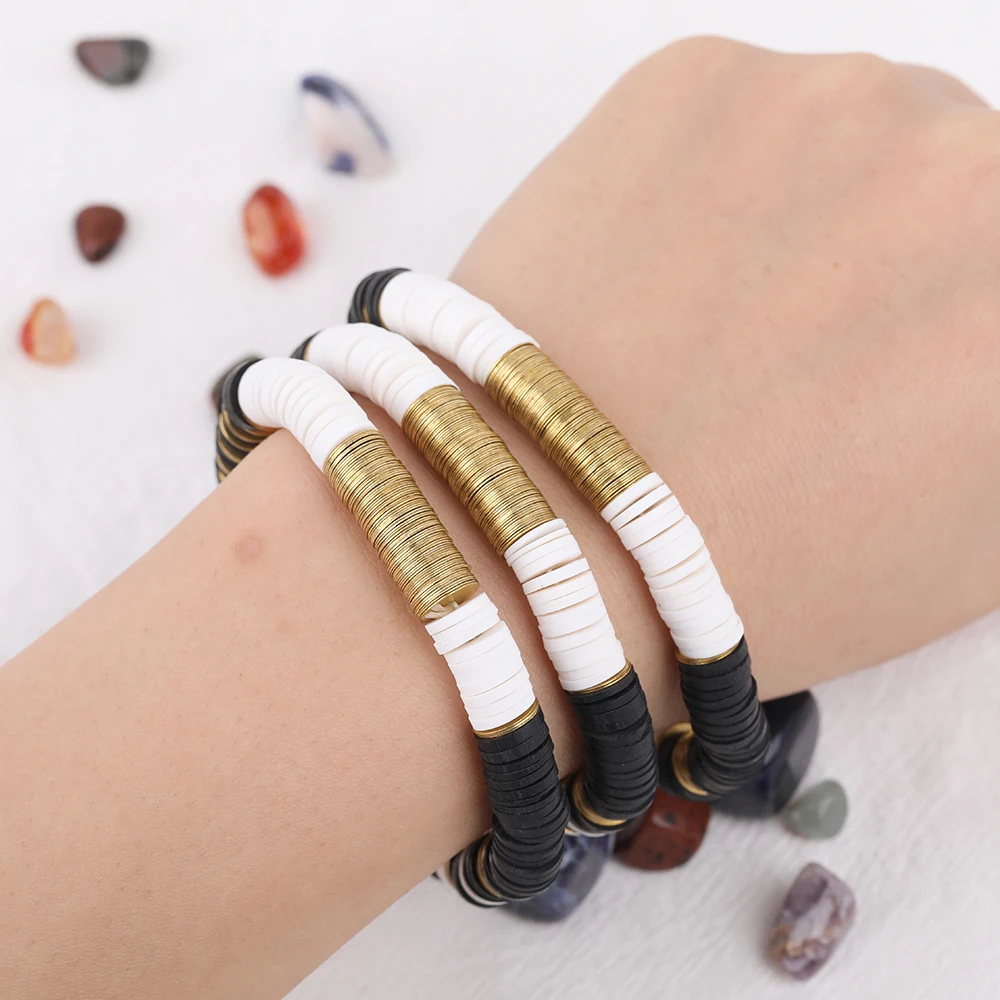 Initial Heishi Gold Stretchy Bracelet #795, Black and White Clay