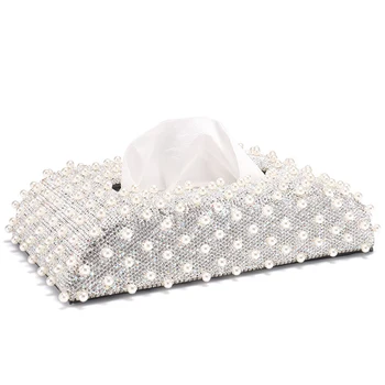 

Artificial Pearl Rhinestone Tissue Box for Home, Car or Hotel, Fashion Creative Decoration Multi-Function Car Storage Box (White