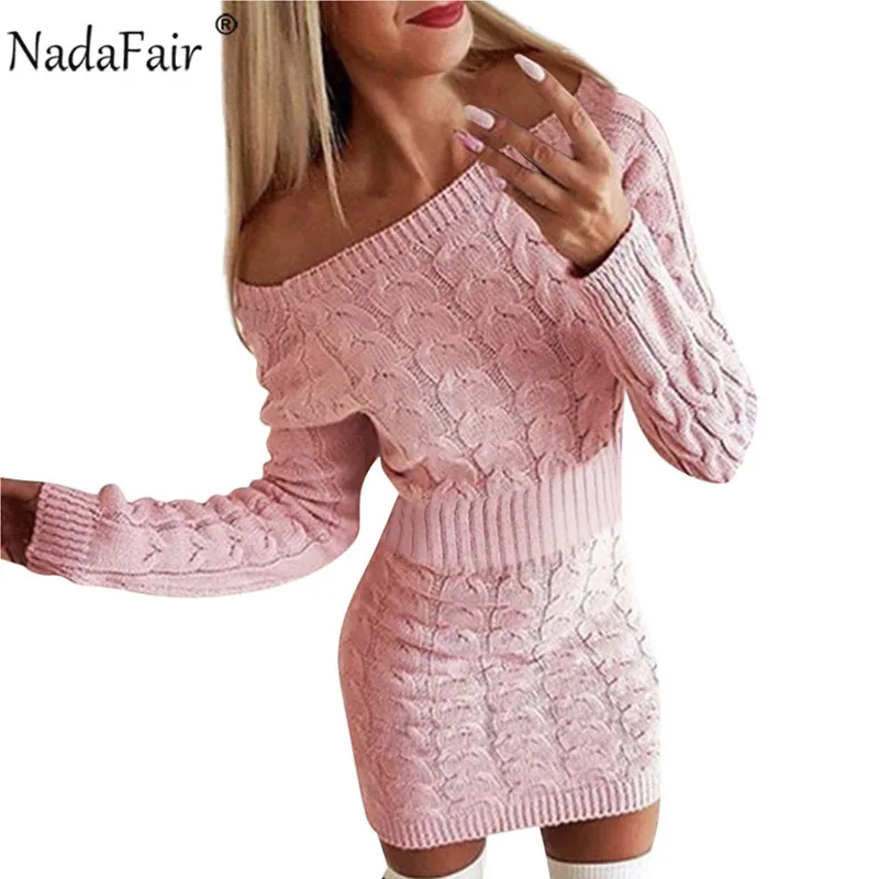 

Nadafair Sweater Dress Women Autumn Mini Long Sleeve Elegant Pink White Black Knitted Bodycon Winter Dress Ladies Vestidos