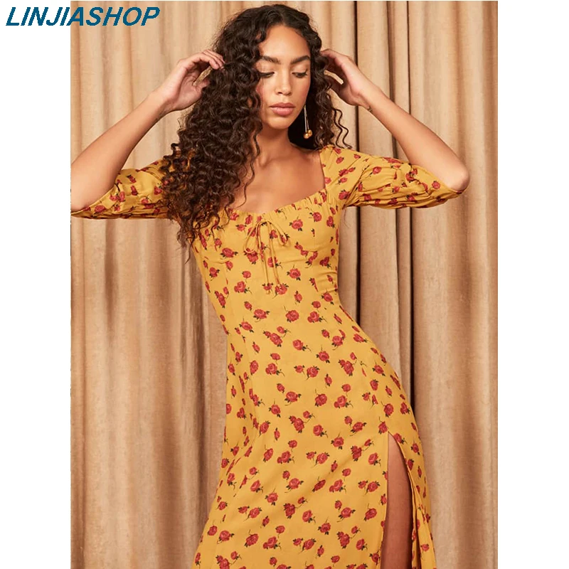 

Vintage women's split dress yellow square neck with slim cuff A line high waist holiday summer autumn print dress new arrivals