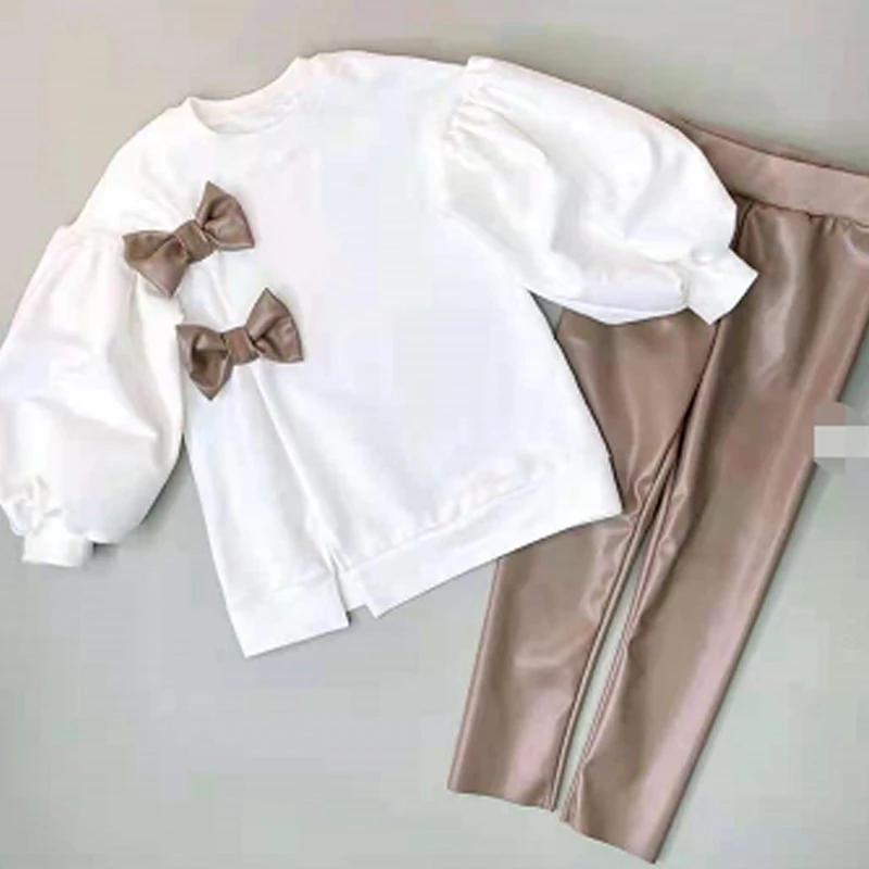 2021 Fashion Kids Girls Autumn Clothes Sets 1-6Y Solid Long Puff Sleeve Bowknot Tops Sweatshirt PU Leather Pant Leggings Outfits beautyful kid suit