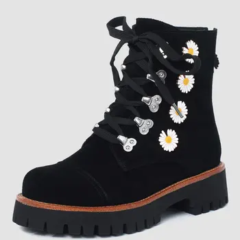 

Brand New 2020 Top Quality Trendy sweet INS flowers Fashion Shoelaces Cool Ankle Boots cow suede leather winter Shoes Boot women