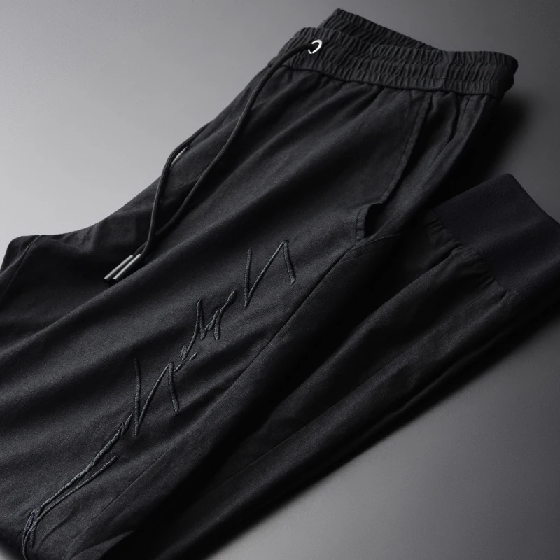 

Spring Men Luxury Linen Fabric Embroidered Mens Trousers Plus Size 4xl Young Elastic Waist Slim Fit Man Pants