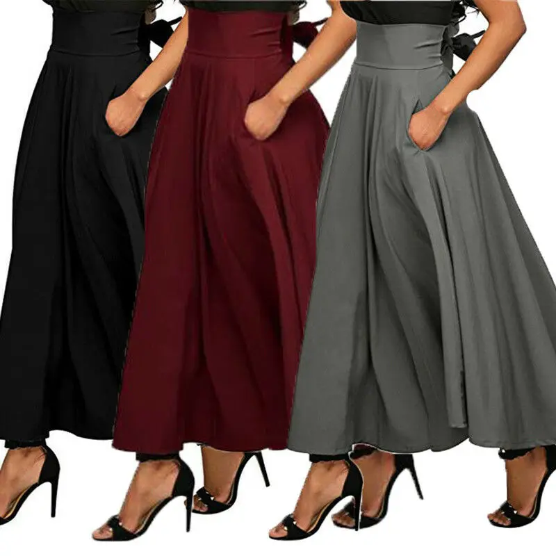 2019 High Waist Pleated Long Skirts Women Vintage Flared Full Skirt Swing Satin Skirt Casual Skirt 2019 High Waist Pleated Long Skirts Women Vintage Flared Full Skirt Swing Satin Skirt Casual Skirt