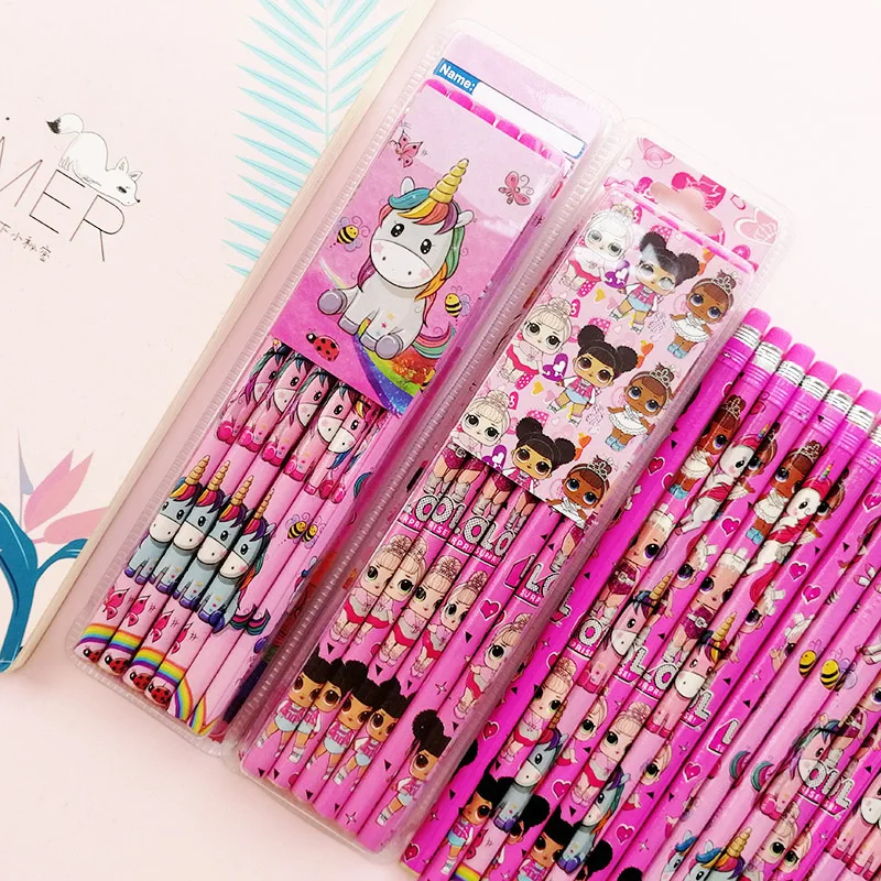 

12Pcs/Set Cute Cartoon Unicorn Wood Pencil with Eraser 2B Sketch Items Surprise Doll LOL Student School Stationery for Kids Gift