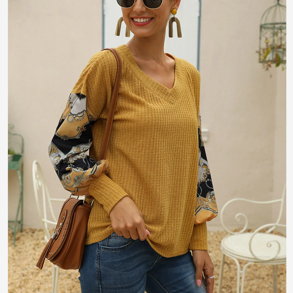 Bohisen 2019 New Women Fashion Pullovers Knitted Sweater Autumn V Neck Lantern Sleeve Boho Knit Patchwork Sweater Loose Sweater