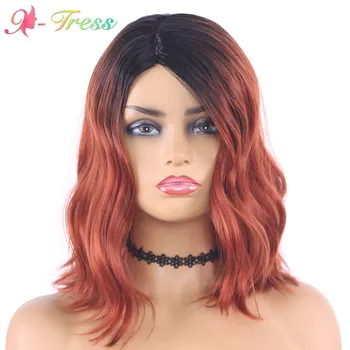 

X-TRESS 14inch Short Synthetic Wigs for Black Women Red Color Wave Machine Made Wigs Heat Resistant Cospiay/Daily Wig