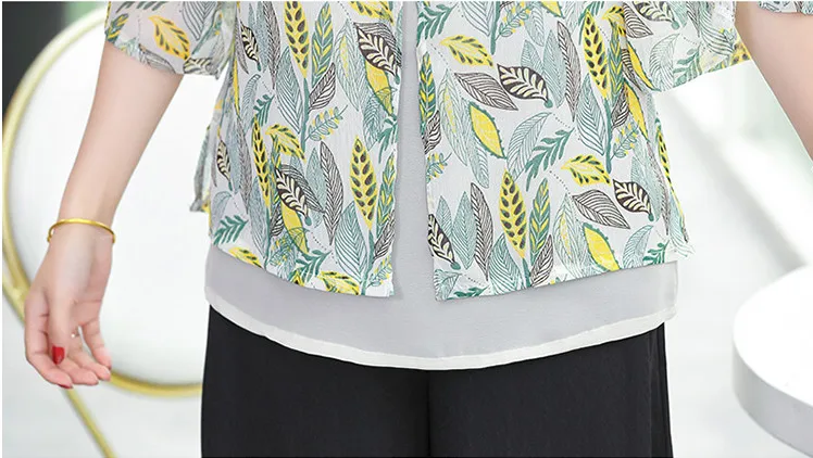 Шифоновая рубашка для мамы среднего возраста из двух частей, новые летние женские футболки большого размера с круглым вырезом и принтом, женские Топы И Футболки среднего возраста