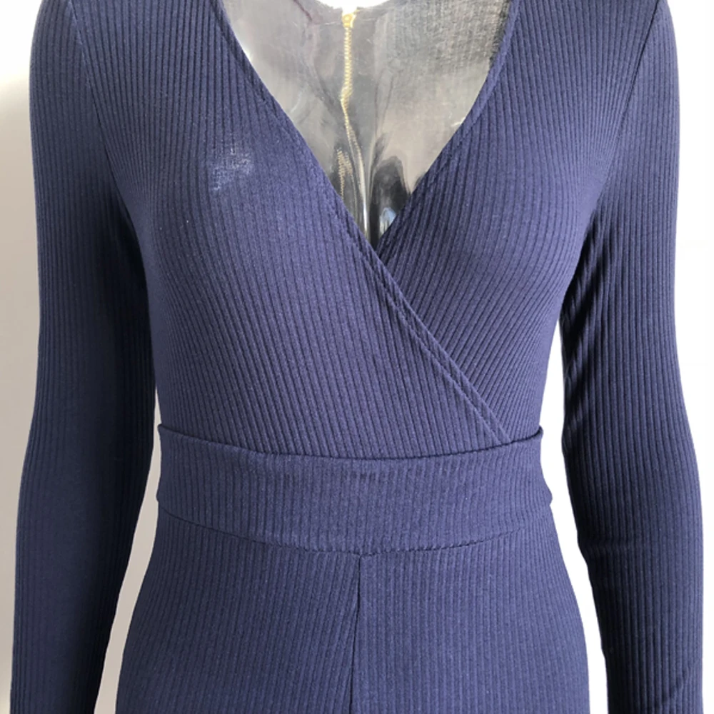 Navy Blue Ribbed Fitness Active Wear Rompers Womens Jumpsuit Zipper V Neck Sexy Fashion Long Sleeve Workout Sporty Jumpsuit