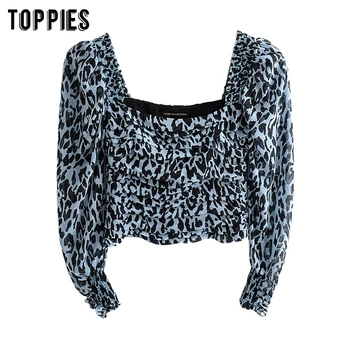 

summer leopard shirts women cropped tops sexy square collars long sleeve shirts slim ladies tops
