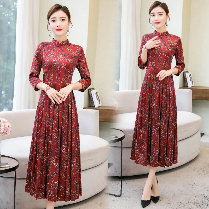 

2020 Early Spring New Style Middle-aged Mom Chinese Style Improved Cheongsam Dress Women's Vintage Stand Collar Floral Dress