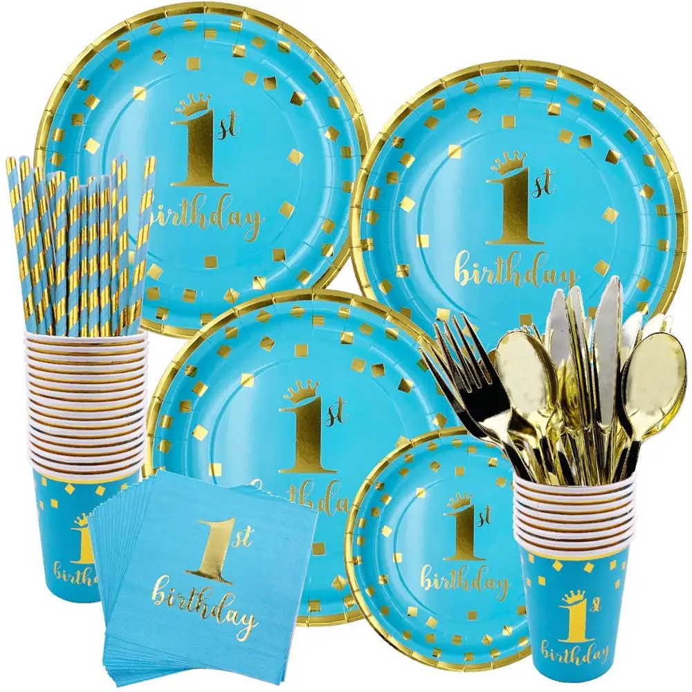

1 Year Birthday Boys Party Baby Shower Decoration Straw Table Cover Hot Stamping Baby Party Tableware Supplies Happy Birthday