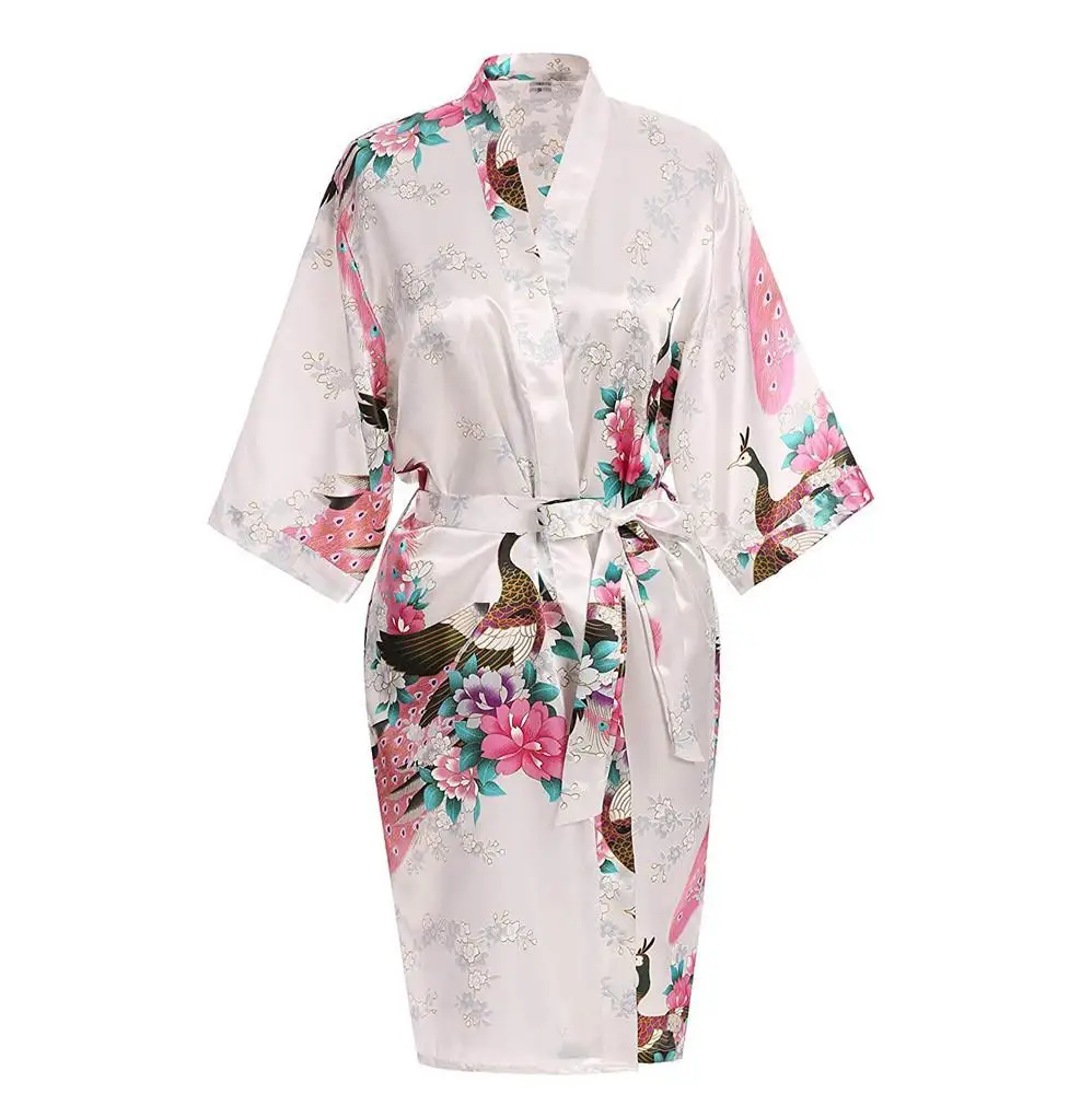 CEARPION, сексуальный халат, платье с цветочным принтом, пижама с павлином, женская одежда для сна, атласное кимоно, домашняя одежда, неглиже размера плюс S-3XL - Цвет: White