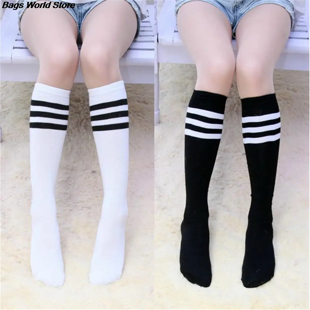 Cotton Knee High Women Football Solid Socks 1Pair Ladies 3 Line Striped School Party Cheerleader Supplies |
