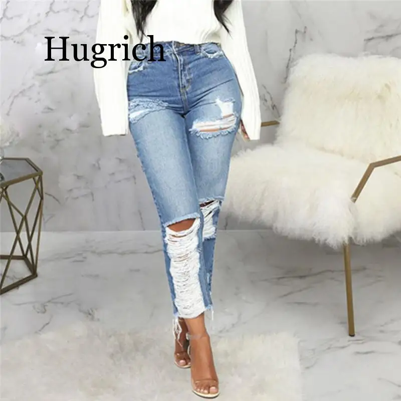 

2020 New Fashion High Waist Jeans Women Hole Button Long Pants Denim Trousers Ripped Jeans Woman Pants