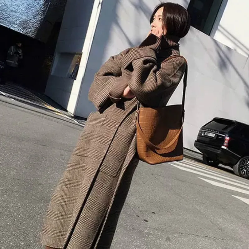Neploe/осенне-зимнее элегантное пальто средней длины, Abrigos Mujer Invierno, с отложным воротником, со шнуровкой, в клетку Свободная куртка 45683