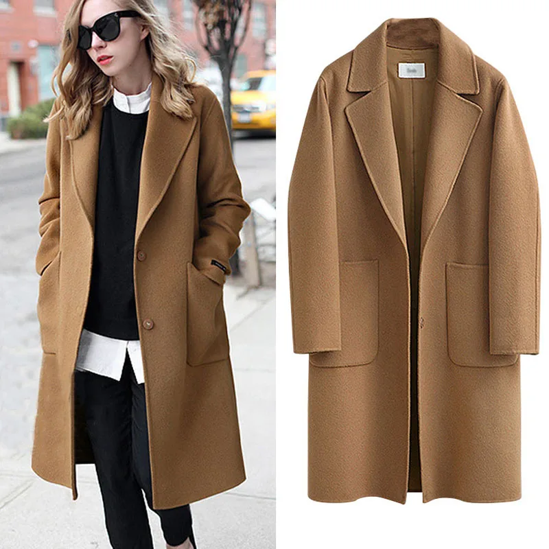 

NORMOV Autumn Winter Women Woolen Coat Solid Turn Down Collar Long Sleeve Pockets Open Stitch Casual Wide Waisted Coat Plus Size