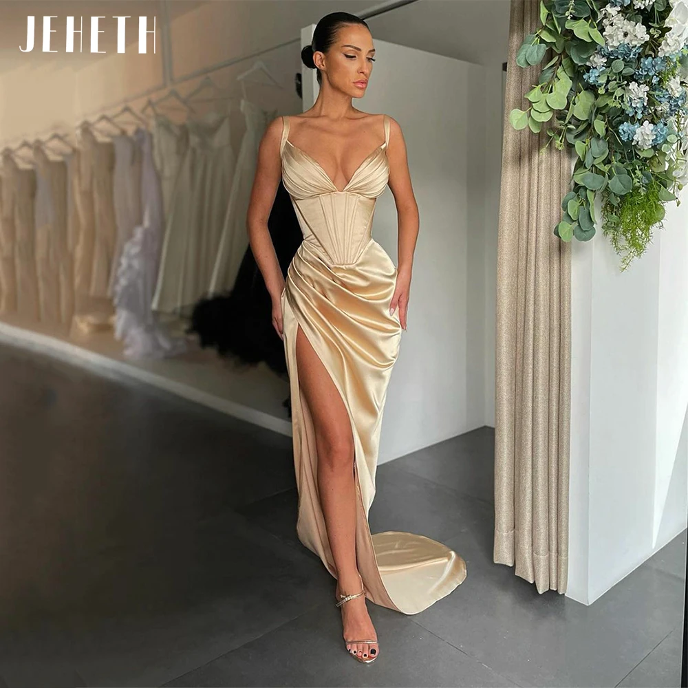 JEHETH Sexy Deep V-Neck Satin Evening Dresses Spaghetti Straps Side Split Backless Pleats Cocktail Party Gowns robes de soirée
