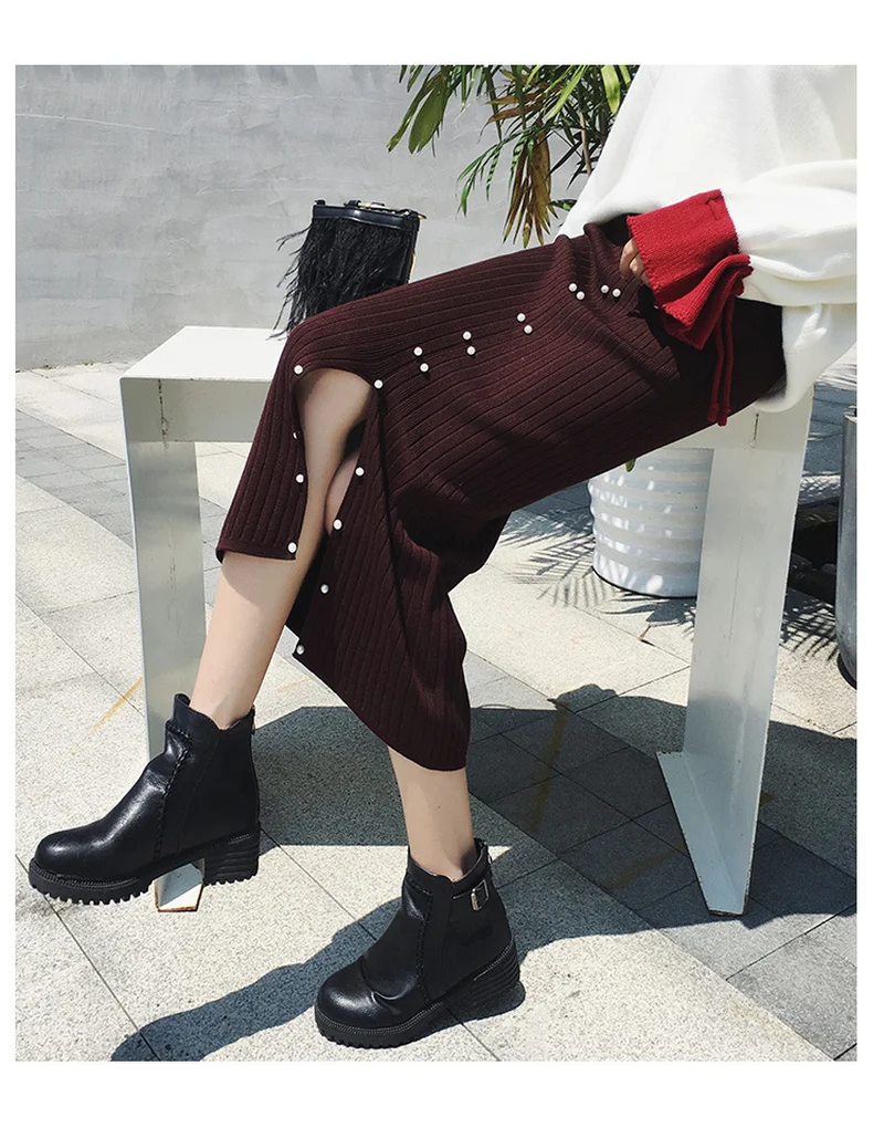 OCEANLOVE Beading Split Solid Knitted Faldas Mujer Moda Autumn High Waist Pencil Skirt Winter Office Lady Long Skirt 12813