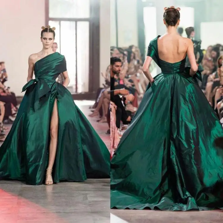 Elie Saab темно зеленые вечерние платья на одно плечо арабские Сексуальные женские с