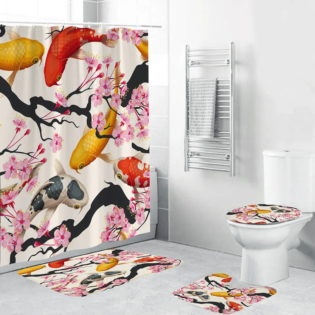 

4PCS Birds Plants Fish Pattern Non Slip Toilet Polyester Cover Mat Set Bath Rug Mat Sets Bathroom Accessories Shower Curtain