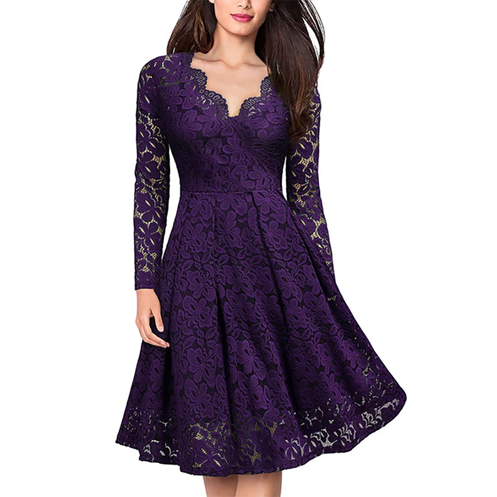 

Fashion Lace Women's Dress V-neck Long Sleeve Women Clothes Dresses Woman Party Night Sexy Elegant Dress Plus Size Long Sleeve
