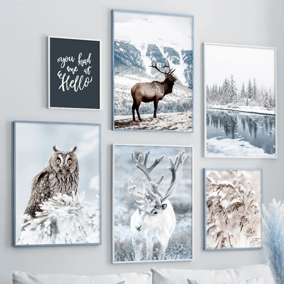 Winter Snow Deer Owl Forest River Reed Wall Art Canvas Painting Nordic Posters And Prints Wall Pictures For Living Room Decor
