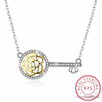 

925 Sterling Silver Women Necklace Crystal Fine Jewelry Crystal Rose Flower Key Pendant Necklace