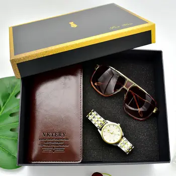 

Top Quality Stainless Steel Watch Luxury Quartz Wristwatches Business Casual Watch for Man Clock Long wallet sunglasses Gift Box